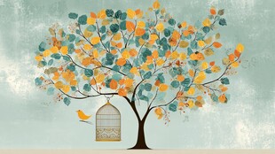 笼中鸟与多彩树木插画