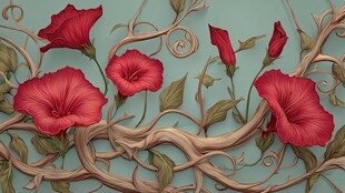 复古风藤蔓与艳丽喇叭花