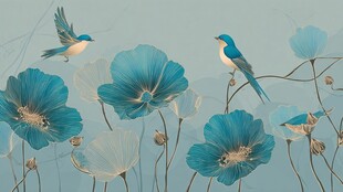 蓝羽飞鸟伴蓝花梦幻图景