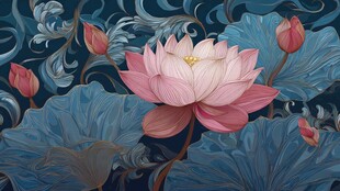 水墨风盛开莲花插画