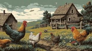 田园鸡群与木屋乡村图景