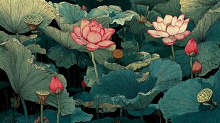 水墨风荷塘荷花绽放图