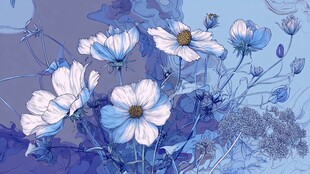 蓝白色调花卉梦幻插画