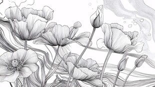黑白线条绘就的优雅花卉