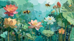 夏日荷塘蜜蜂采花图景