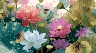 夏日荷塘多彩荷花图