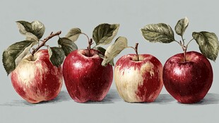 四个带叶红苹果插画