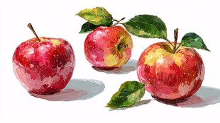 水彩绘就的三颗鲜艳红苹果