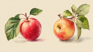 水彩绘双苹果带绿叶