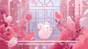 粉色梦幻中可爱小鼠与飞鸟