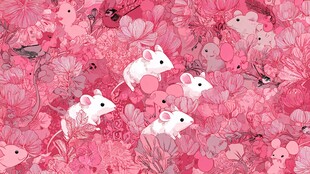 粉色花丛中的可爱小白鼠