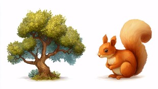 松鼠与绿树的温馨画面