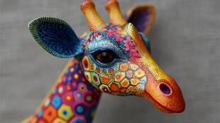 多彩手绘长颈鹿头部雕塑