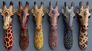 多彩长颈鹿木雕摆件展示