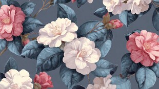 蓝底花卉图案 柔美山茶绽放