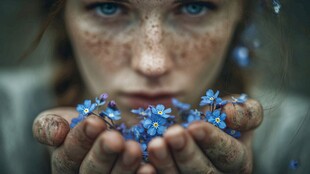 捧花少女 蓝花与雀斑之美