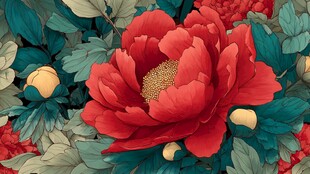 艳丽牡丹绽放绿叶间