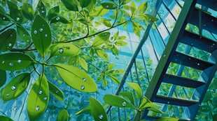 绿叶与玻璃建筑的清新景致