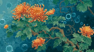 秋菊绽放于幽蓝背景间