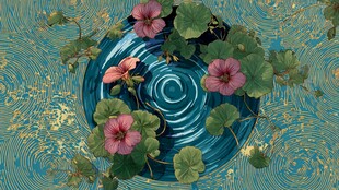 蓝盘浮花绿植艺术画面