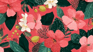 粉色花卉绿叶缤纷图案