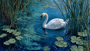 天鹅悠游于水草环绕水域