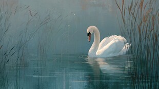 湖畔天鹅悠然水中游