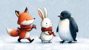 雪地中动物伙伴温馨相聚