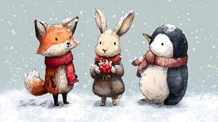 雪地中的动物伙伴