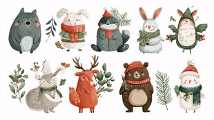 冬季可爱动物插画集合