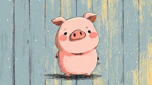 可爱小猪站立在木纹背景前