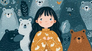 女孩与可爱熊群的温馨画面