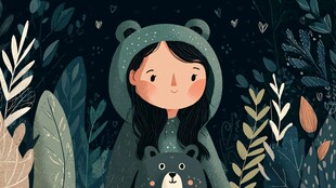 森林中的小熊装小女孩