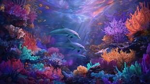 梦幻海底世界的海豚与珊瑚