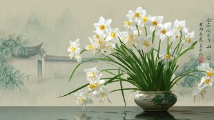水墨风花瓶中绽放的水仙花