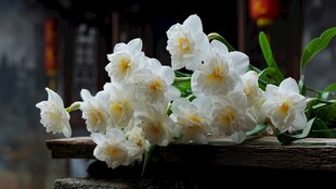 清新水仙绽放古朴木上