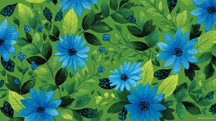 蓝花绿叶的清新植物图案