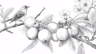 枝头小鸟与果实的素描图