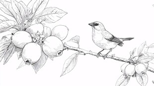 枝头小鸟与果实素描图