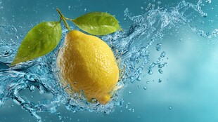 柠檬入水溅起晶莹水花