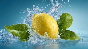 柠檬入水溅起晶莹水花