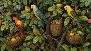 鹦鹉栖果枝 绘梦幻丛林景