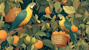 鹦鹉栖于果林与篮旁图景