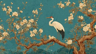 花鸟图中白鹤栖于花枝