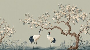 中式花鸟图 双鹤栖于繁花树
