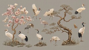 中式花鸟图 鹤与松梅景致