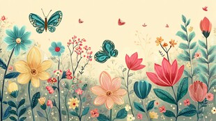 春日花卉蝴蝶梦幻插画
