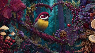 心型森林中的绚丽小鸟