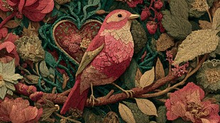 粉色小鸟栖于繁花绿叶间