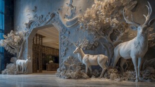 梦幻白鹿与浮雕艺术场景